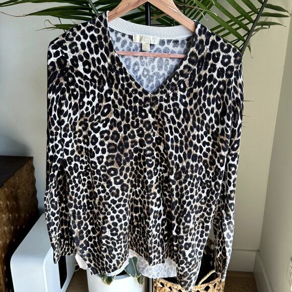 Michael Kors Leopard Cheetah V-Neck Sweater L Cotton Blend Chic - Picture 1 of 10